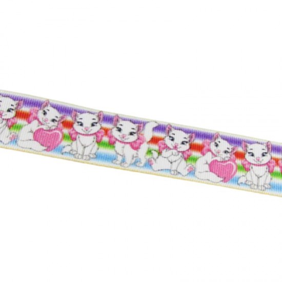 Kalpli Beyaz Kedi Resimli Grogren Kurdela 2.5 Cm-1 Metre