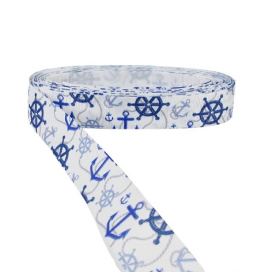 Lacivert Marine Temalı Çapa Resimli Grogren Kurdela 2.5 Cm-1 Metre