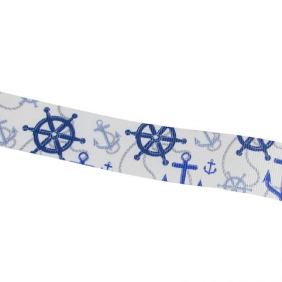 Lacivert Marine Temalı Çapa Resimli Grogren Kurdela 2.5 Cm-1 Metre