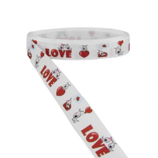 Love Yazılı Köpek Resimli Grogren Kurdela 2.5 Cm-1 Metre