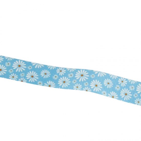 Papatya Resimli Mavi Grogren Kurdela 2.5 Cm-1 Metre