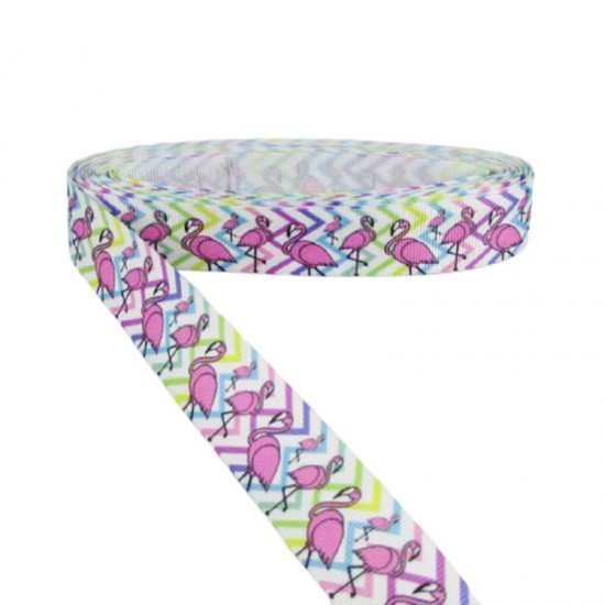 Renkli Flamingo Resimli Grogren Kurdela 2.5 Cm-1 Metre