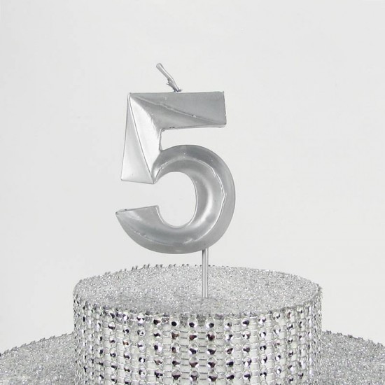 5 Beş Rakamlı Gümüş Gri Mum 6.5 Cm
