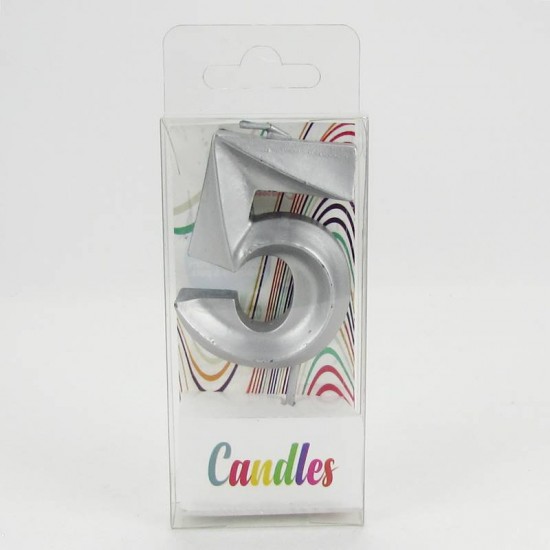 5 Beş Rakamlı Gümüş Gri Mum 6.5 Cm