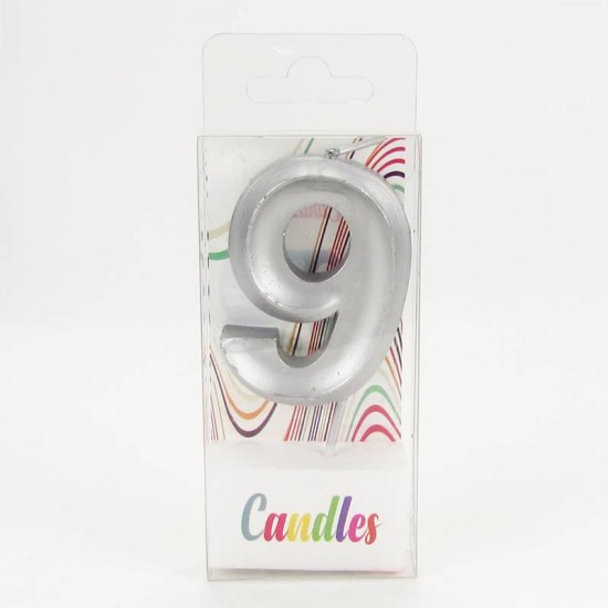 9 Dokuz Rakamlı Gümüş Gri Mum 6.5 Cm