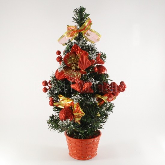Saksıda Çam Ağacı Kırmızı Renk Süslü Masa Üstü İçin