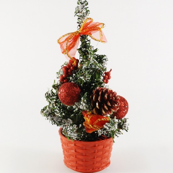 Saksıda Çam Ağacı Kırmızı Renk Süslü Masa Üstü İçin Mini Boy