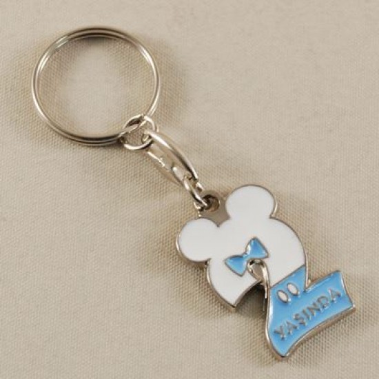 2 Yaş Mickey Mouse Temalı Mavi Beyaz Metal Anahtarlık