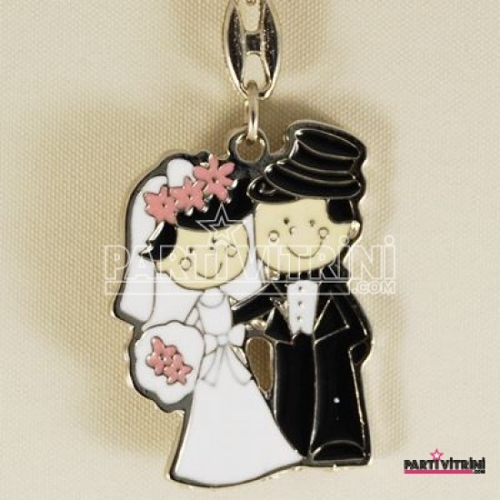 Gelin Ve Damat  Pembe Çiçekli Metal Anahtarlık