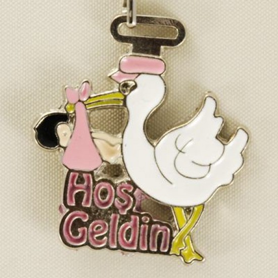 Hoş Geldin Pembe Ağzında Bebekli Leylek Anahtarlık