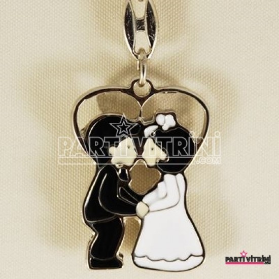 Öpücük Gelin Ve Damat  Çiçekli Metal Anahtarlık