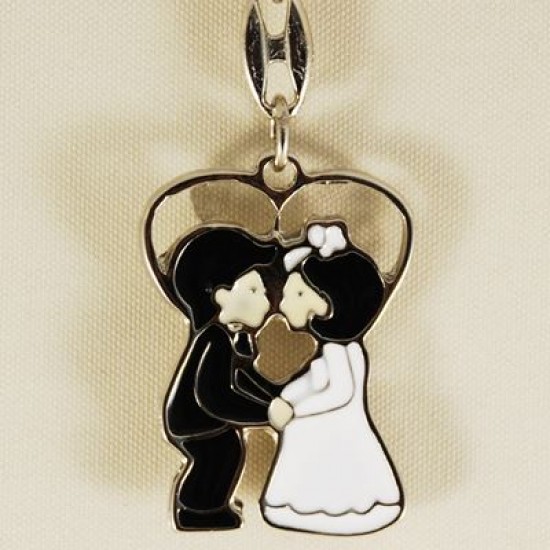 Öpücük Gelin Ve Damat  Çiçekli Metal Anahtarlık