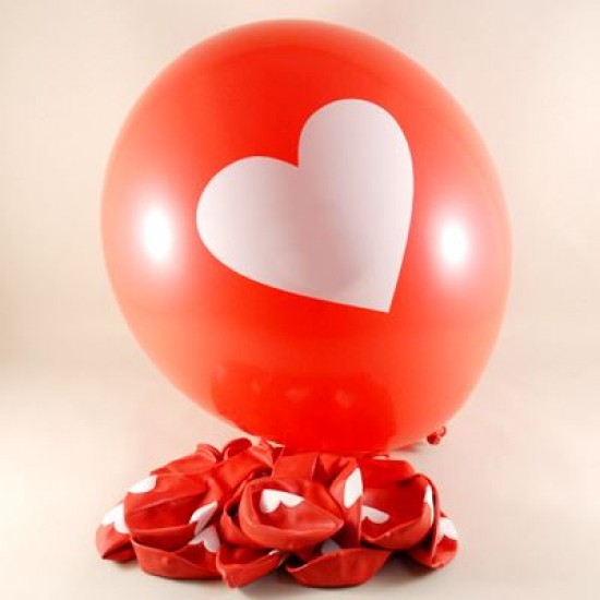 Kırmızı Üzerine Beyaz Kalpli 12 li Balon Seti