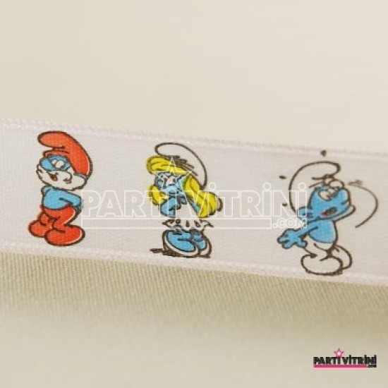 Şirinler Temalı Beyaz Saten Kurdela 2 Cm. X 10 Metre