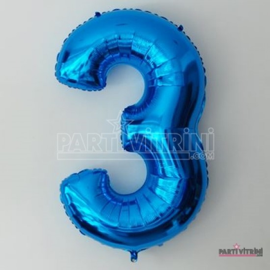 3 Üç Rakamlı Mavi Renkli Büyük Folyo Balon 90 Cm