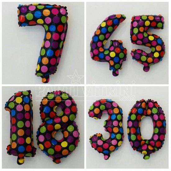 Rakam Balon Rengarenk Puantiyeli Folyo Balon 35 cm