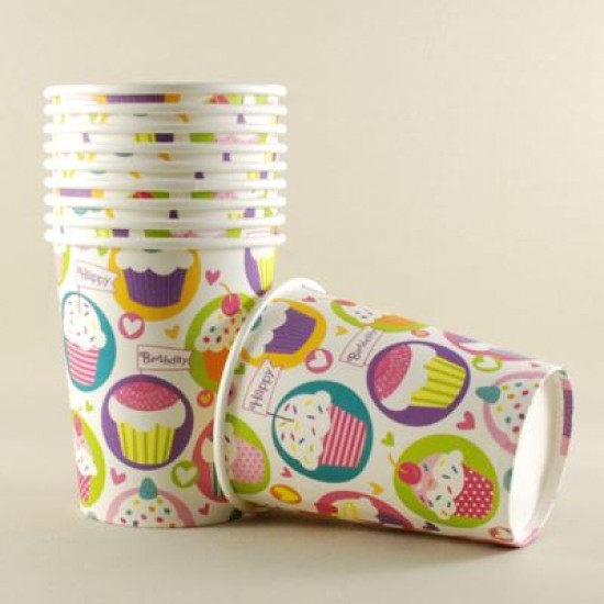 Cupcake Resimli Happy Birthday Kağıt Parti Bardakları