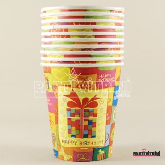 Happy Birthday Pembe Kalpli Ve Hediye Paketli Bardaklar