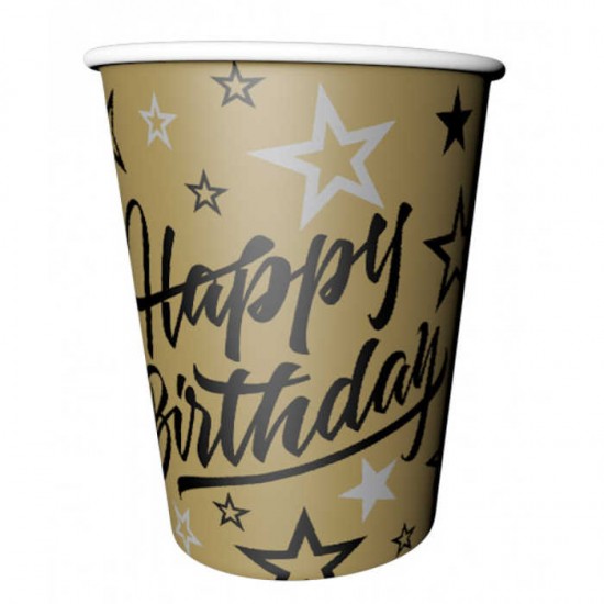 Gold Yıldızlı Happy Birthday Kağıt Bardaklar 8 Adet Gold Yıldızlı Happy Birthday Kağıt Bardaklar 8 Adet