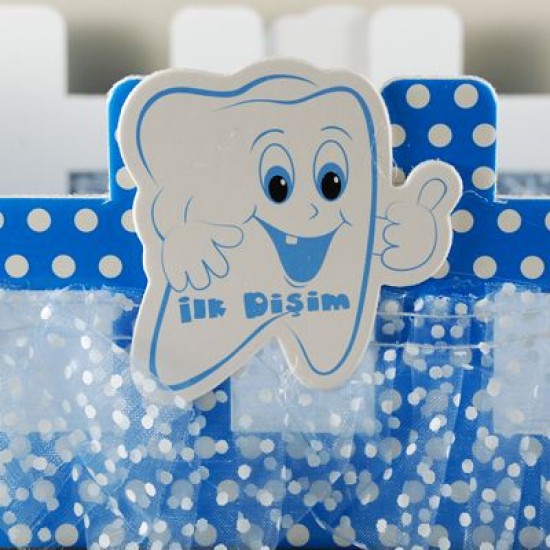 İlk Dişim Mavi Çit Ahşap Bebek Şekeri Sunum Sepeti