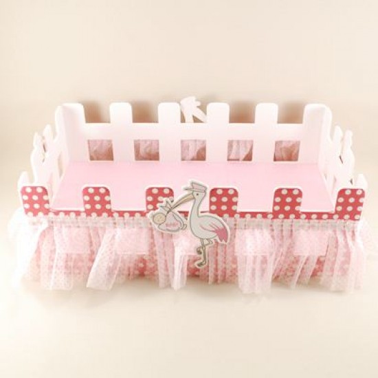 Leylekli Pembe Çit Ahşap Bebek Şekeri Sunum Sepeti