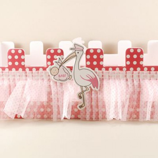 Leylekli Pembe Çit Ahşap Bebek Şekeri Sunum Sepeti