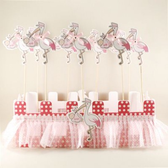 Leylekli Pembe Çit Ahşap Bebek Şekeri Sunum Sepeti