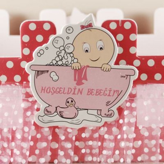 Yıkanan Bebekli Pembe Çit Ahşap Bebek Şekeri Sunum Sepeti