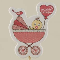 Hoşgeldin Bebeğim Pembe Bebek Arabası Resimli Simli Kürdan Seti 10 Adet