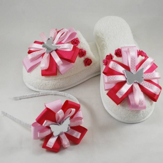 Ayna Kelebekli Pembe Lohusa Terlik Ve Taç Seti