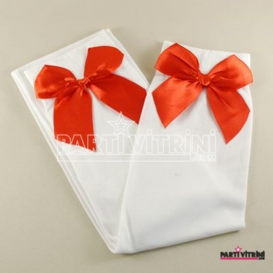 Kırmızı Saten Fiyonklu Beyaz Diz Üstü Yetişkin Parti Çorabı