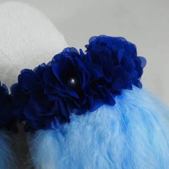 Kuş Tüyü Ve Kumaş Çiçek Aksesuarlı Mavi Lohusa Terlik Ve Taç Seti