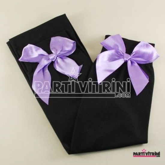 Lila Saten Fiyonklu Siyah Diz Üstü Yetişkin Parti Çorabı