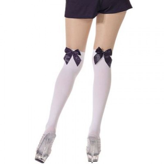 Lila Saten Fiyonklu Siyah Diz Üstü Yetişkin Parti Çorabı