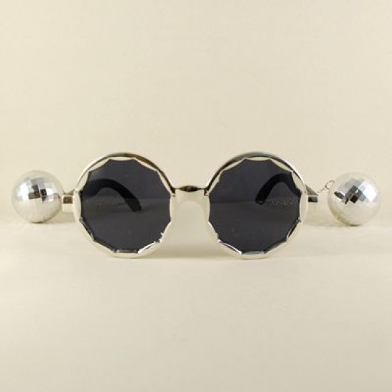 Gümüş Renk Yuvarlak Disko Topu Küpeli Parti Gözlüğü
