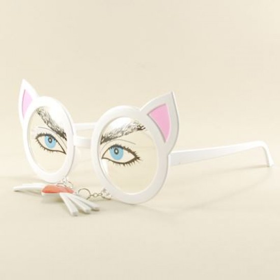 Kedi Temalı Ve Bıyıklı Beyaz Parti Gözlüğü