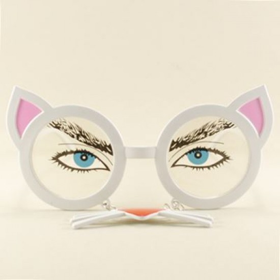 Kedi Temalı Ve Bıyıklı Beyaz Parti Gözlüğü