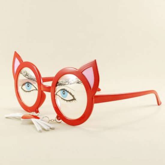 Kedi Temalı Ve Bıyıklı Kırmızı Parti Gözlüğü