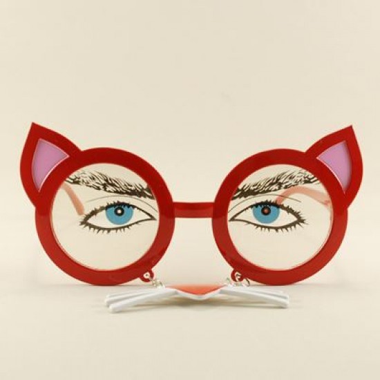 Kedi Temalı Ve Bıyıklı Kırmızı Parti Gözlüğü