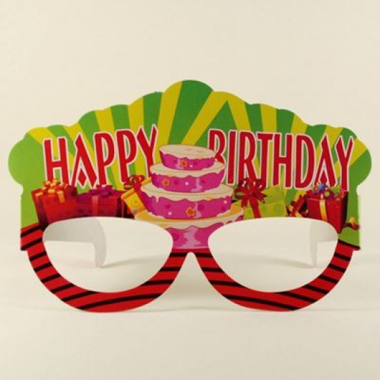 Happy Birthday Kırmızı Çizgili Ve Pastalı Yeşil Parti Kağıt Gözlük