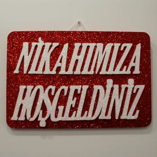 Nikahımıza Hoşgeldiniz Dikdörtgen Kırmızı Strafor Kapı Süsü 48x32 cm