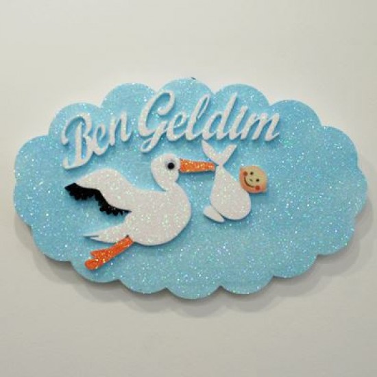 Ben Geldim Leylekli Mavi Strafor Kapı Süsü 49 x 30 cm