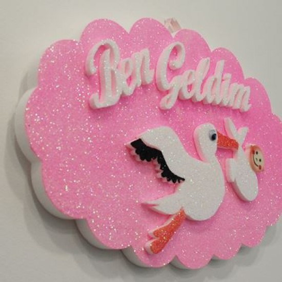 Ben Geldim Leylekli Pembe Strafor Kapı Süsü 49 x 30 cm