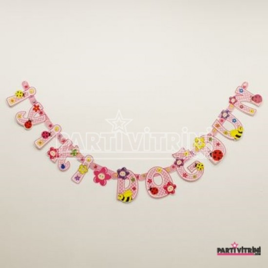 İyiki Doğdun Yazılı Çiçekli Pembe Kız Bebek Parti Kapı Süsü 155 Cm