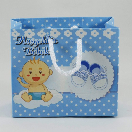Erkek Bebek Resimli Mavi Karton Çanta 11X11 Cm 10 Adet