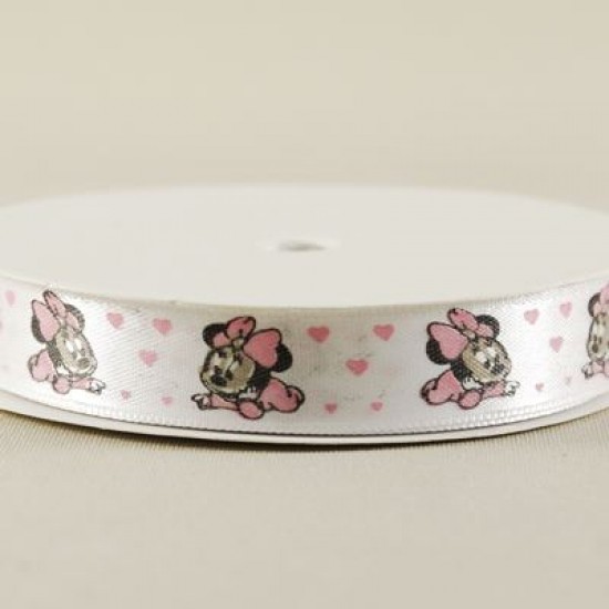 Bebek Minnie Mouse Temalı Beyaz Saten Kurdela 1.5 Cm. X 10 Metre