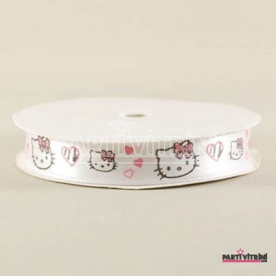 Hello Kitty Başı Resimli Beyaz Saten Kurdela 1.5 Cm. X 10 Metre