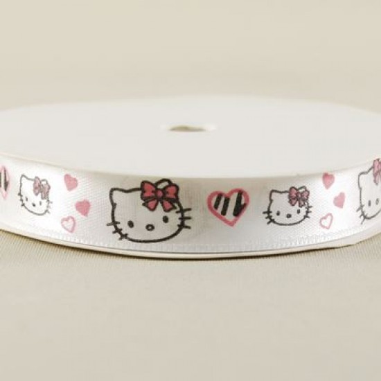 Hello Kitty Başı Resimli Beyaz Saten Kurdela 1.5 Cm. X 10 Metre