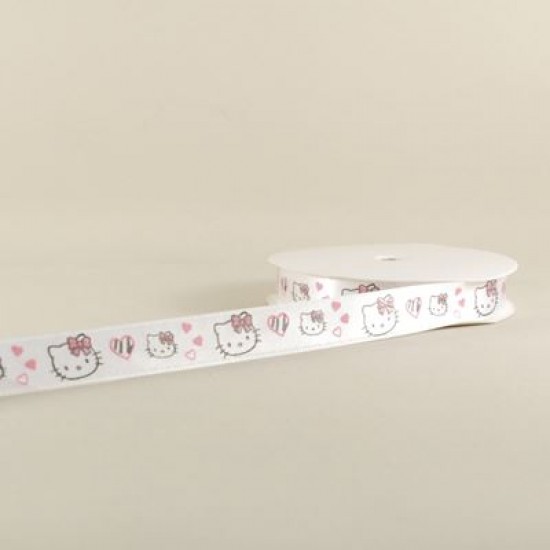 Hello Kitty Başı Resimli Beyaz Saten Kurdela 1.5 Cm. X 10 Metre