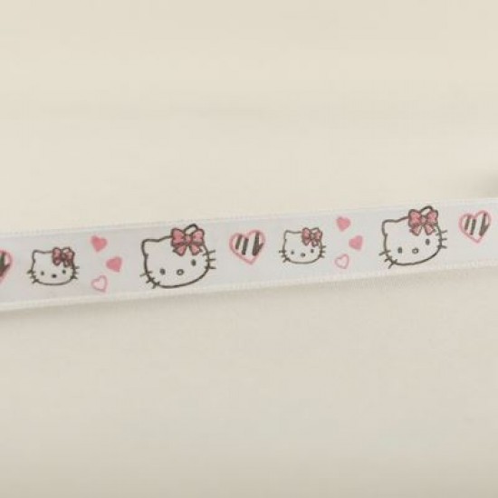 Hello Kitty Başı Resimli Beyaz Saten Kurdela 1.5 Cm. X 10 Metre
